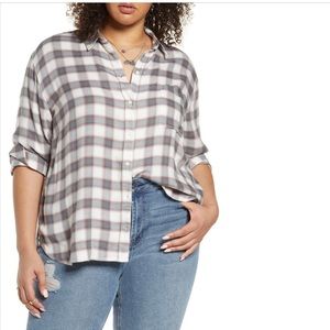EUC Treasure & Bond (Nordstrom) Plaid Boyfriend Shirt 1X. White, gray, red.